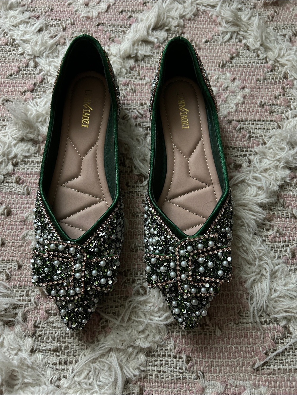 Zara Dark Green Jeweled Pointed Flats